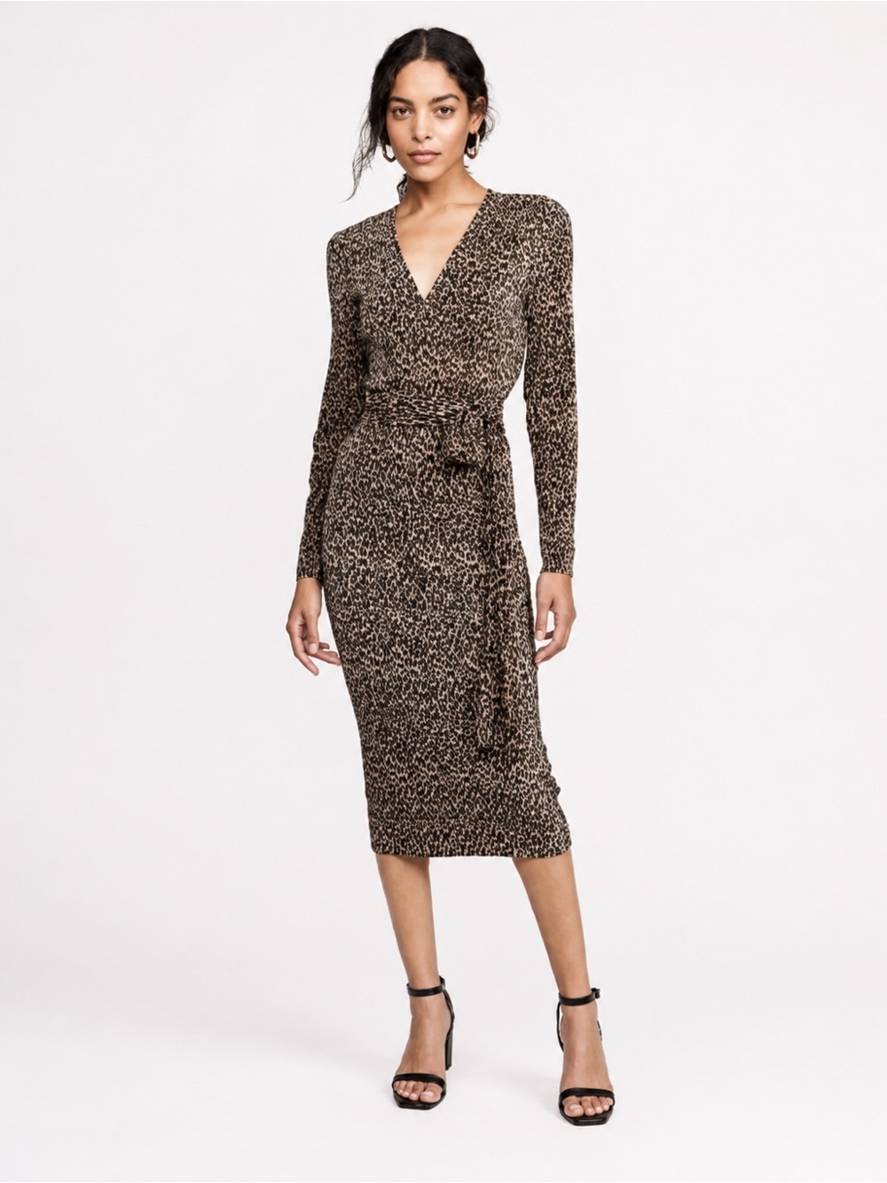THE FIFTH LABEL Brown Black Long Sleeve Leopard Faux Stretch Wrap Midi Dress
